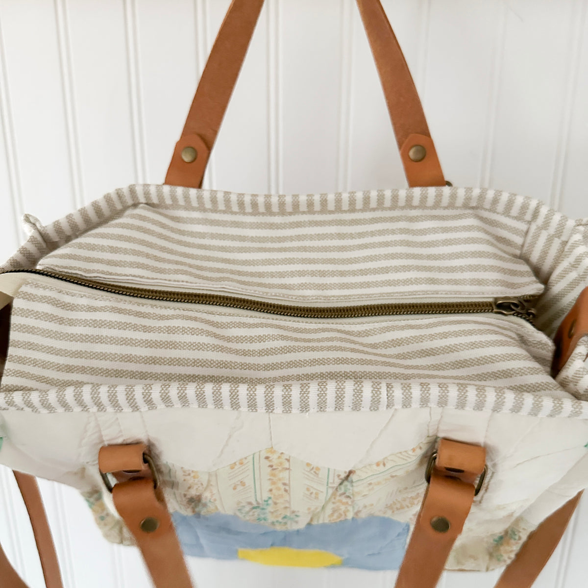 Boxy Bible Bag Vintage Grandmothers Garden Quilt with Leather Handles and Crossbody Strap