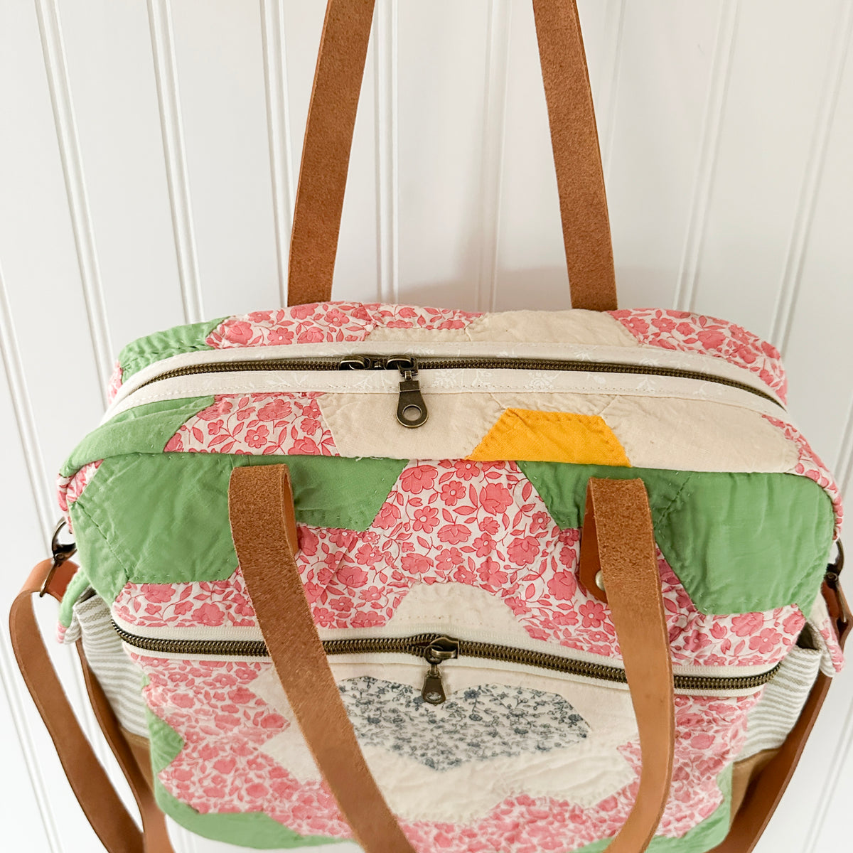 Sunday School Teachers Bag Vintage Grandmothers Garden Quilt with Leather Handles and Crossbody Strap