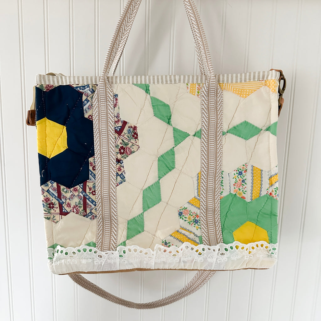 XL Boxy Bag Vintage Grandmothers Garden Quilt with Handles and Leather Crossbody Strap