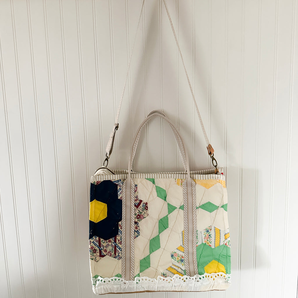 XL Boxy Bag Vintage Grandmothers Garden Quilt with Handles and Leather Crossbody Strap