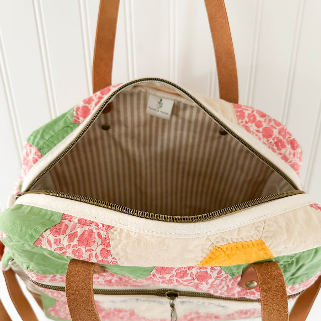 Sunday School Teachers Bag Vintage Grandmothers Garden Quilt with Leather Handles and Crossbody Strap
