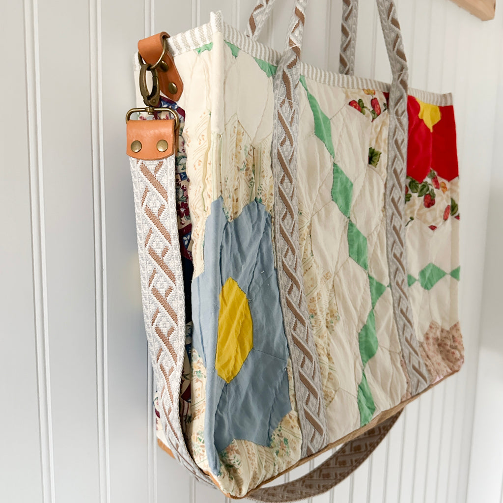 XL Boxy Bag Vintage Grandmothers Garden Quilt with Handles and Leather Crossbody Strap