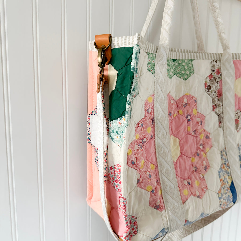 XL Boxy Bag Vintage Grandmothers Garden Quilt with Handles and Leather Crossbody Strap
