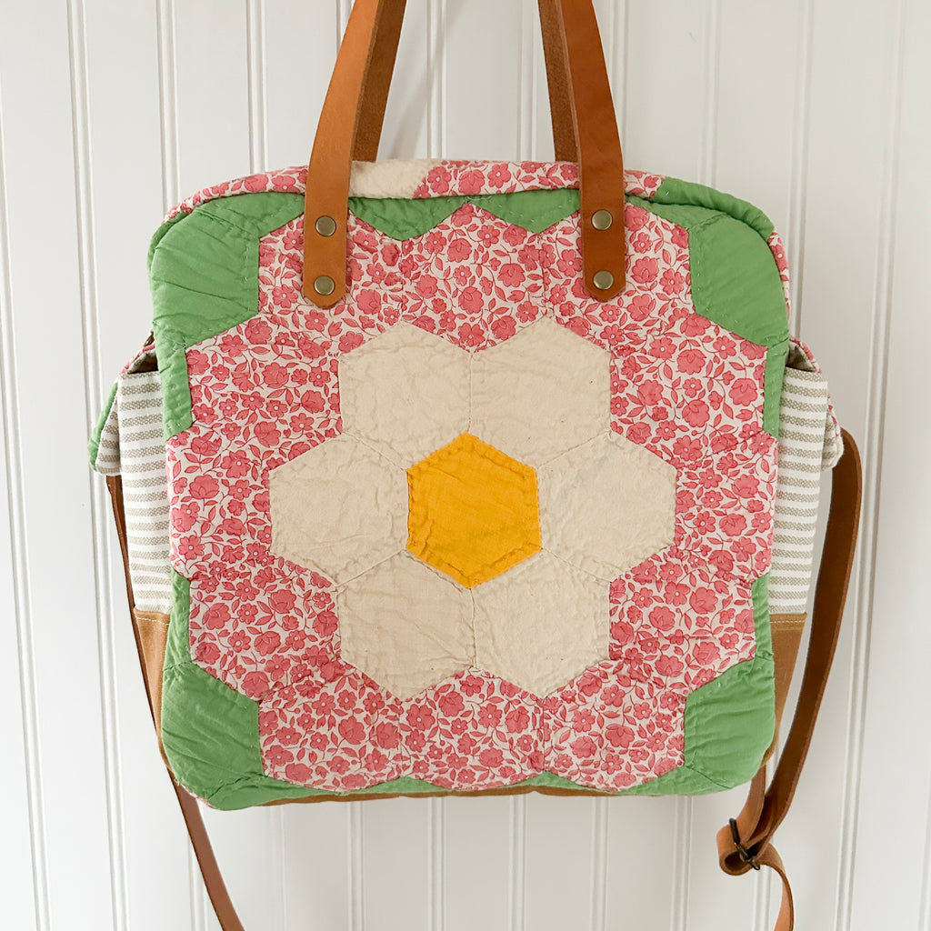 Sunday School Teachers Bag Vintage Grandmothers Garden Quilt with Leather Handles and Crossbody Strap