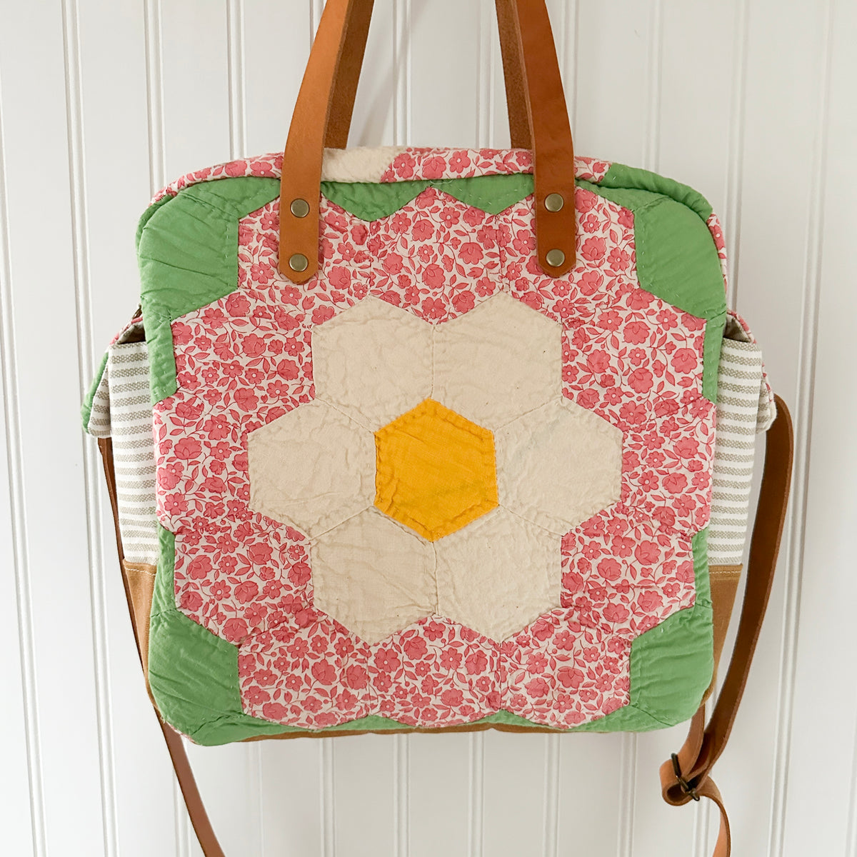 Sunday School Teachers Bag Vintage Grandmothers Garden Quilt with Leather Handles and Crossbody Strap