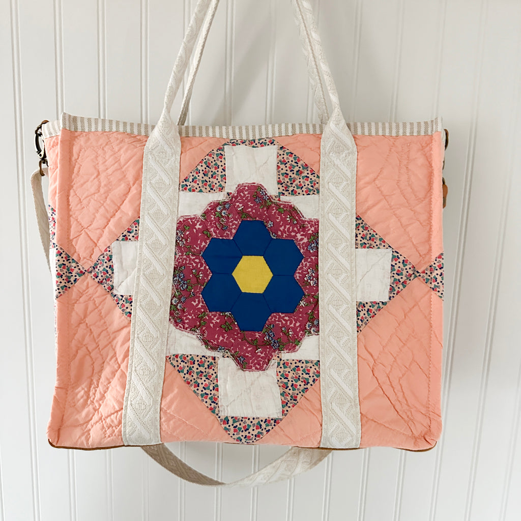 XL Boxy Bag Vintage Grandmothers Garden Quilt with Handles and Leather Crossbody Strap