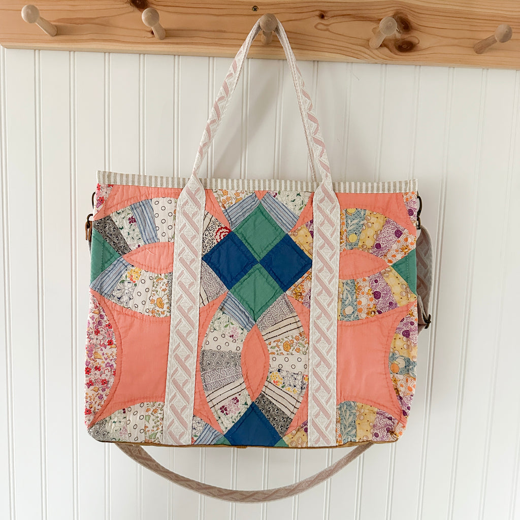 XL Boxy Bag Vintage Grandmothers Garden Quilt with Handles and Leather Crossbody Strap