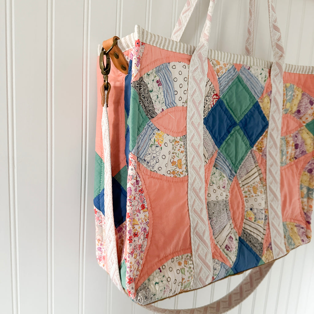 XL Boxy Bag Vintage Grandmothers Garden Quilt with Handles and Leather Crossbody Strap