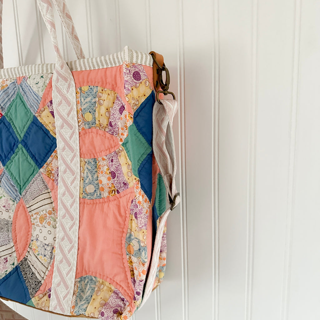 XL Boxy Bag Vintage Grandmothers Garden Quilt with Handles and Leather Crossbody Strap