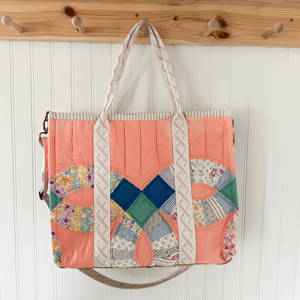 XL Boxy Bag Vintage Grandmothers Garden Quilt with Handles and Leather Crossbody Strap