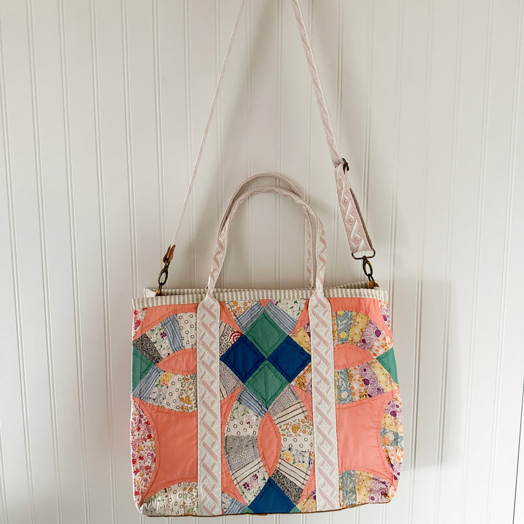XL Boxy Bag Vintage Grandmothers Garden Quilt with Handles and Leather Crossbody Strap