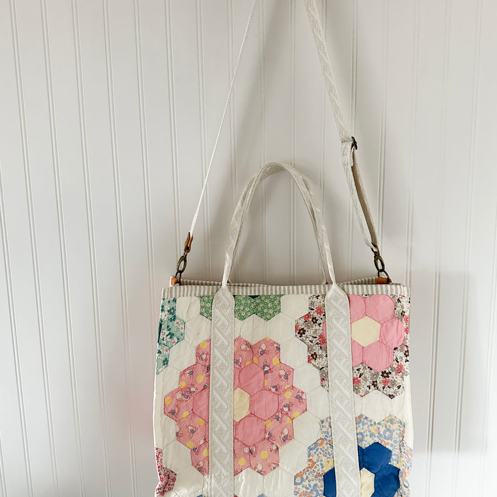 XL Boxy Bag Vintage Grandmothers Garden Quilt with Handles and Leather Crossbody Strap