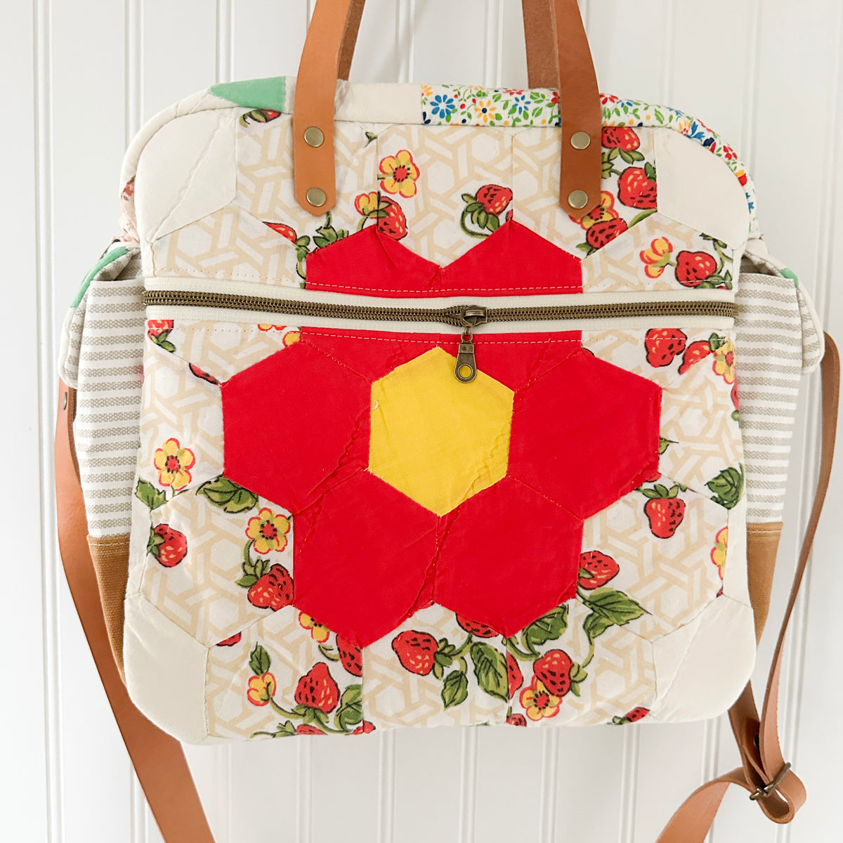 Sunday School Teachers Bag Vintage Grandmothers Garden Quilt with Leather Handles and Crossbody Strap