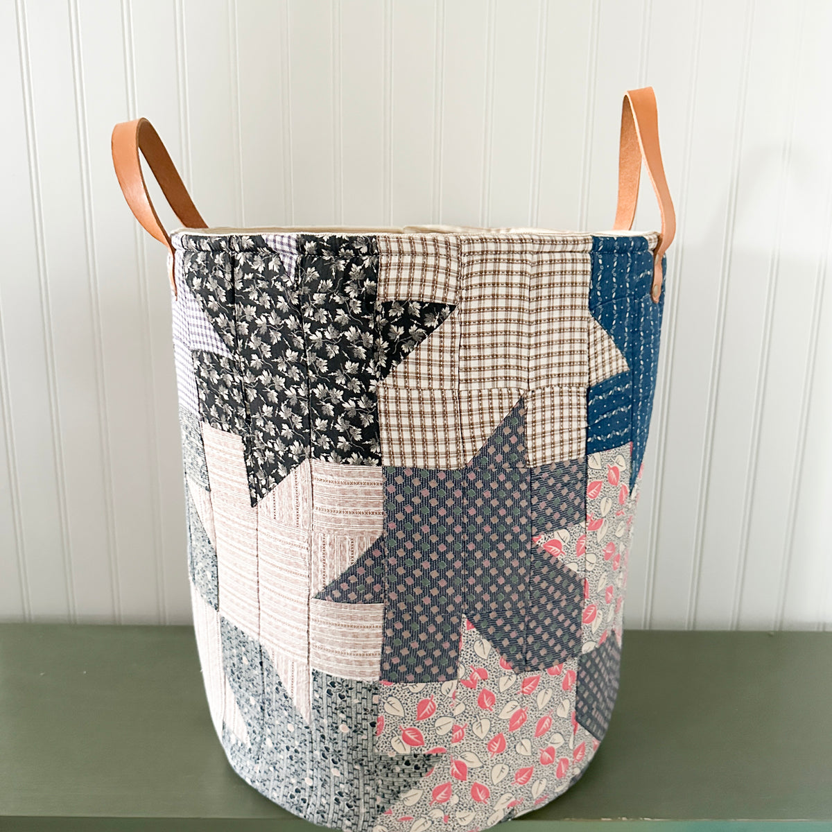Antique Leaves Quilt Basket with Leather Handles