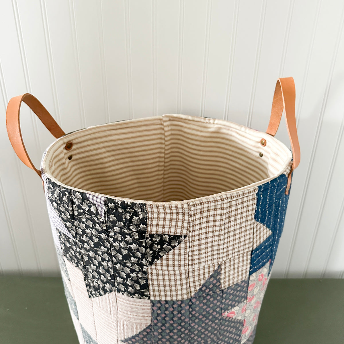Antique Leaves Quilt Basket with Leather Handles