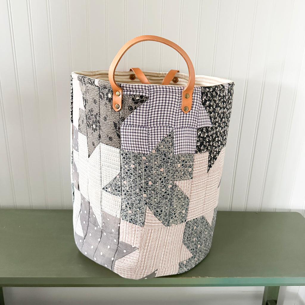 Antique Leaves Quilt Basket with Leather Handles