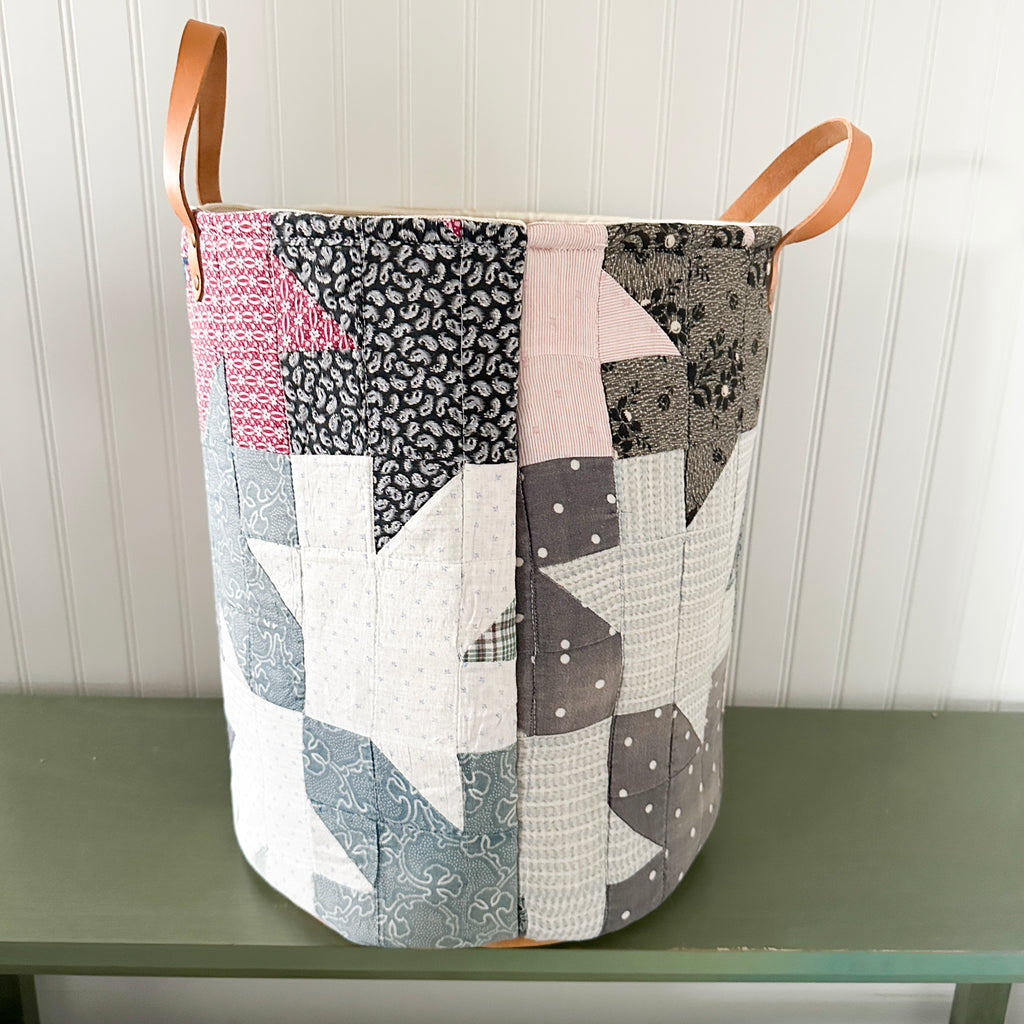 Antique Leaves Quilt Basket with Leather Handles