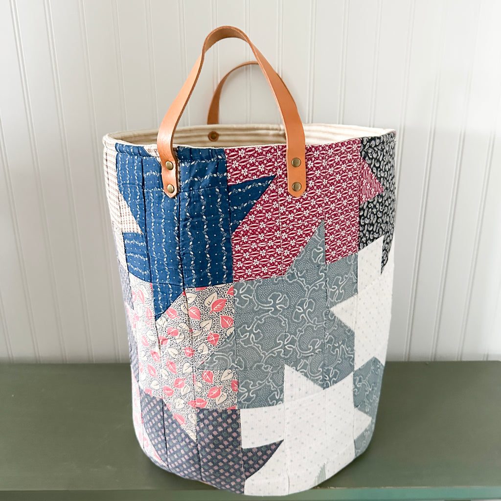 Antique Leaves Quilt Basket with Leather Handles
