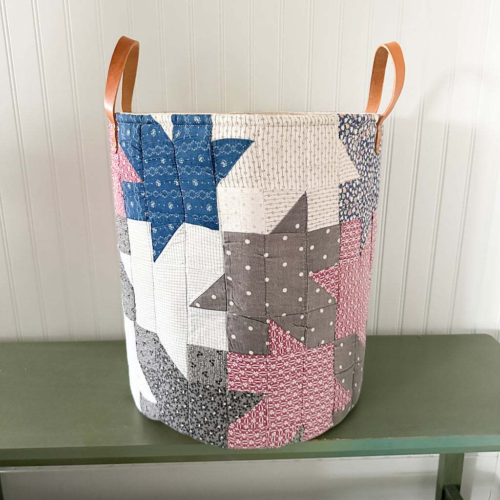 Antique Leaves Quilt Basket with Leather Handles