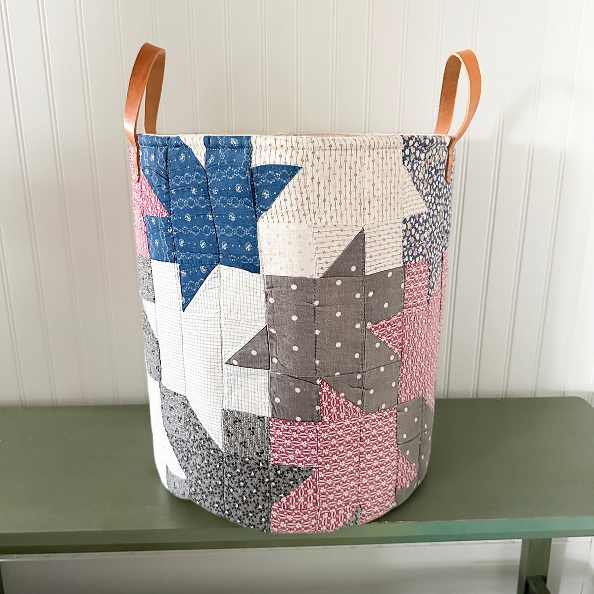 Antique Leaves Quilt Basket with Leather Handles