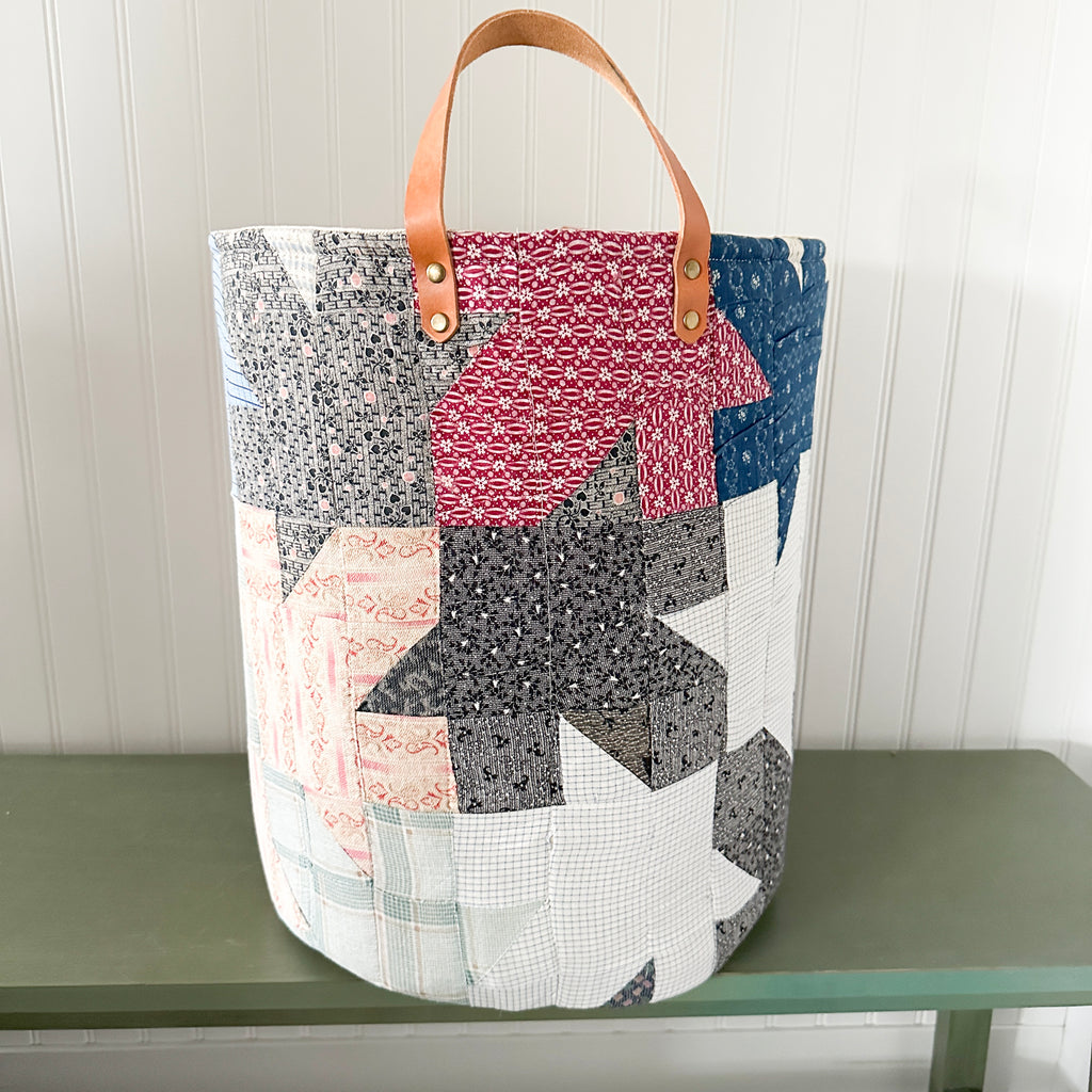 Antique Leaves Quilt Basket with Leather Handles