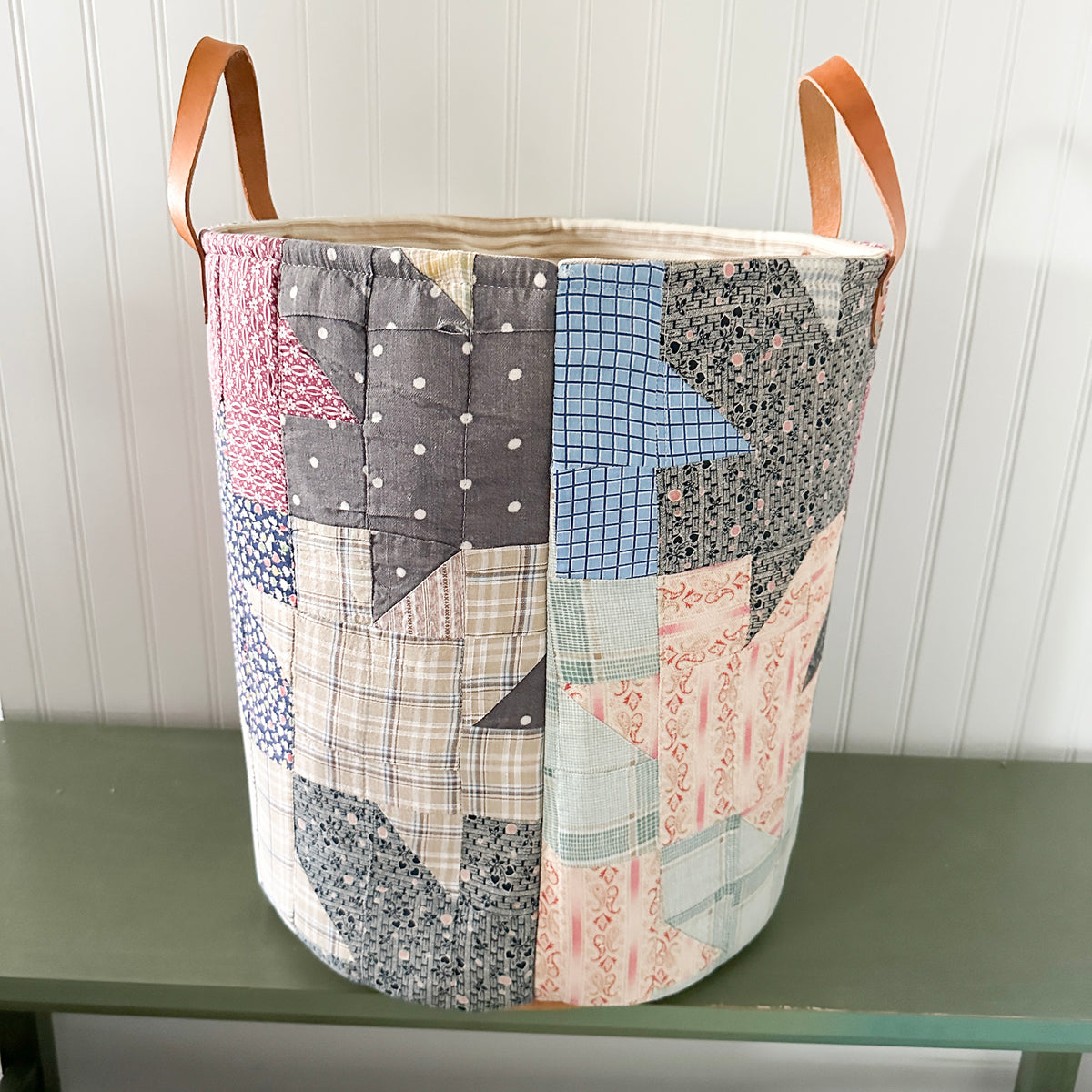 Antique Leaves Quilt Basket with Leather Handles