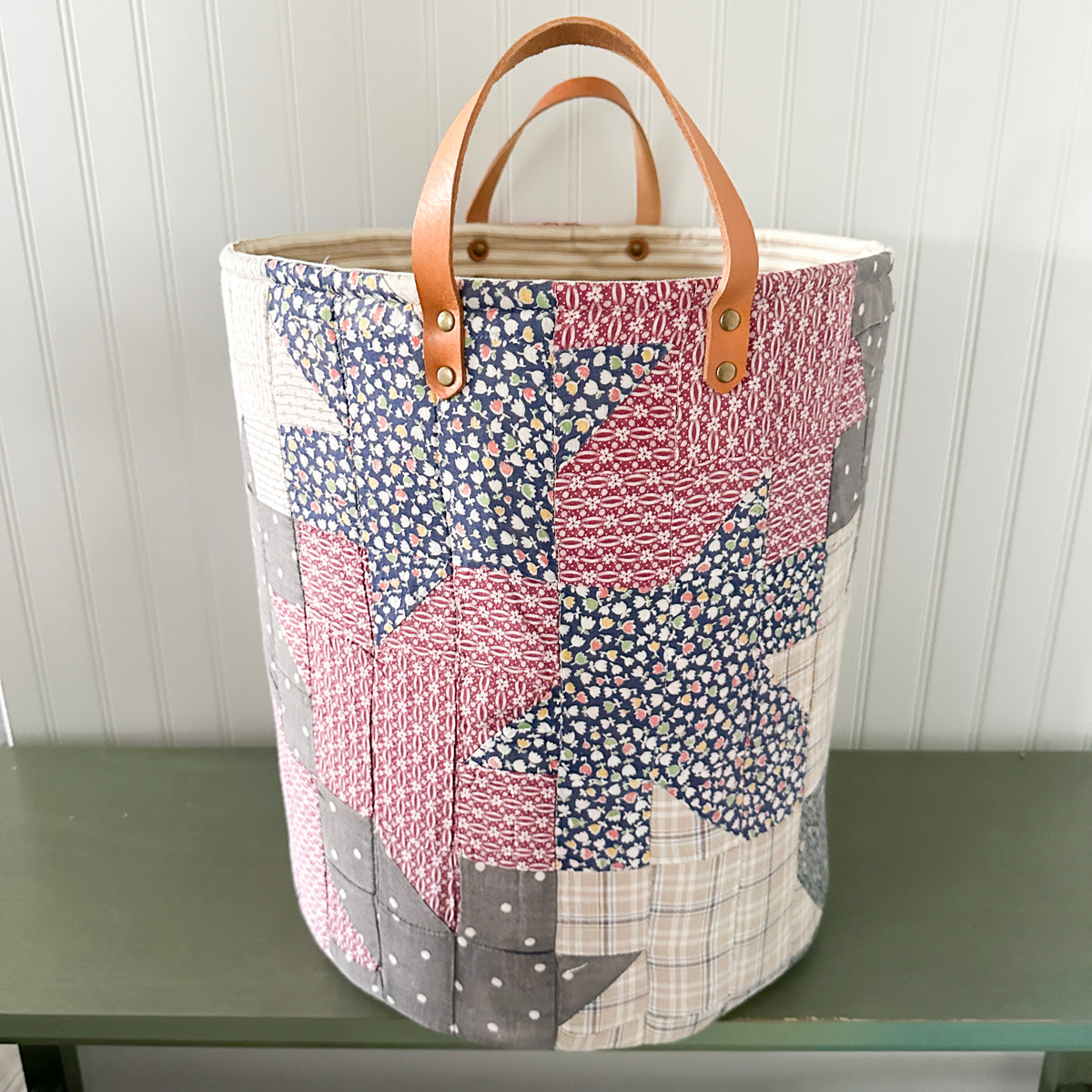 Antique Leaves Quilt Basket with Leather Handles