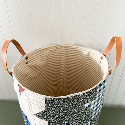Antique Leaves Quilt Basket with Leather Handles