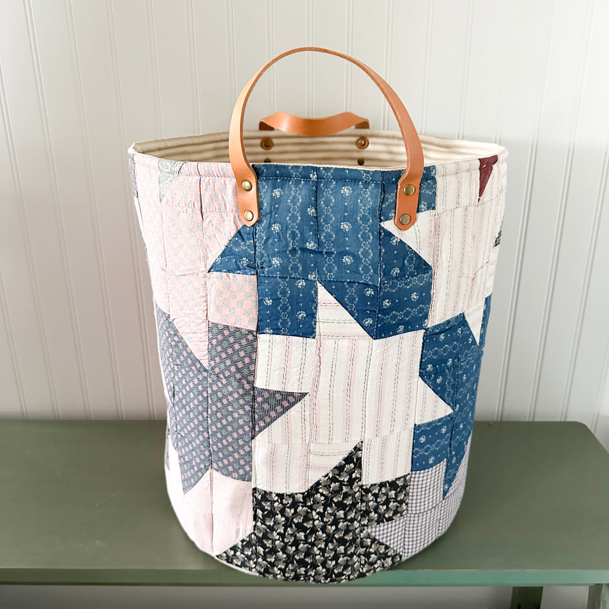 Antique Leaves Quilt Basket with Leather Handles