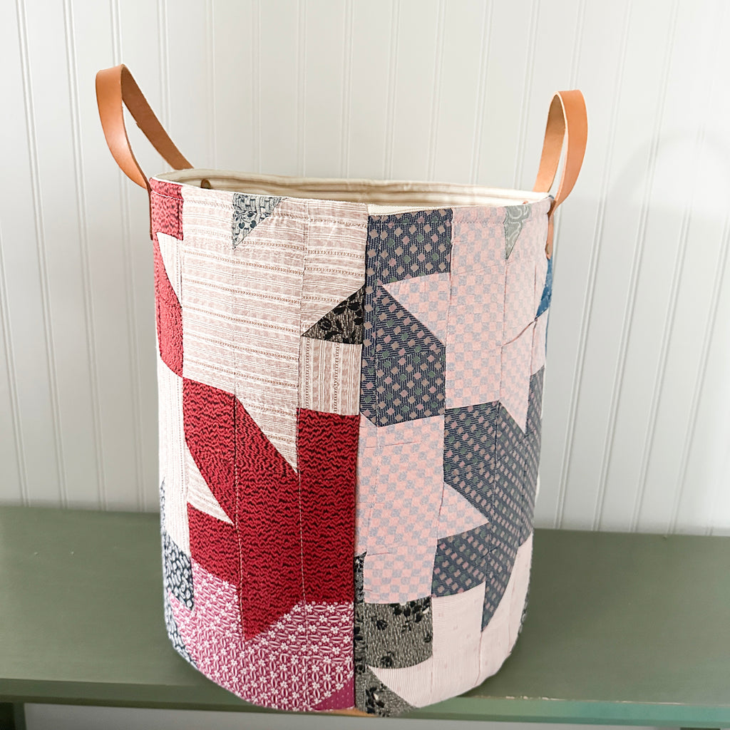 Antique Leaves Quilt Basket with Leather Handles