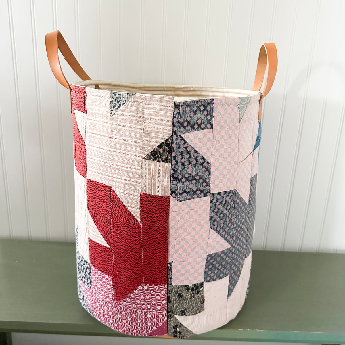 Antique Leaves Quilt Basket with Leather Handles