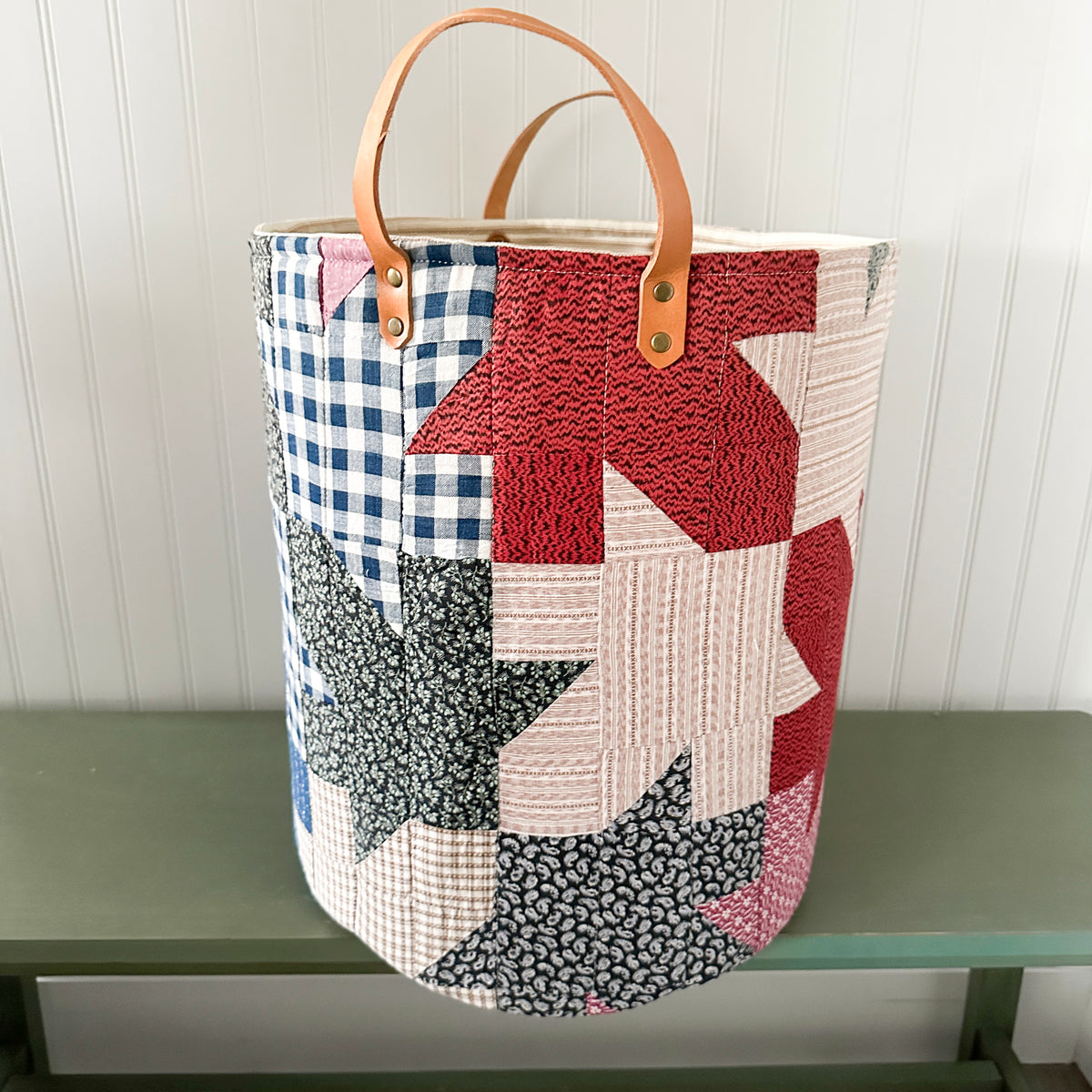 Antique Leaves Quilt Basket with Leather Handles