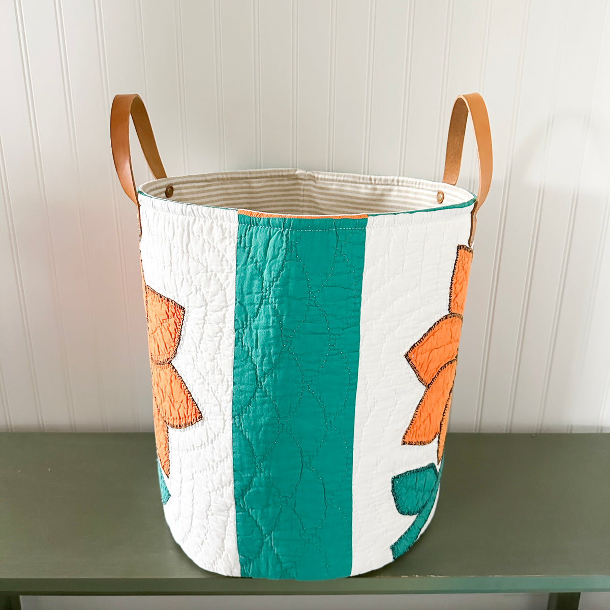 Vintage Orange Sunflower Applique Basket with Leather Handles