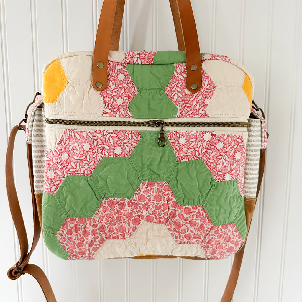 Sunday School Teachers Bag Vintage Grandmothers Garden Quilt with Leather Handles and Crossbody Strap