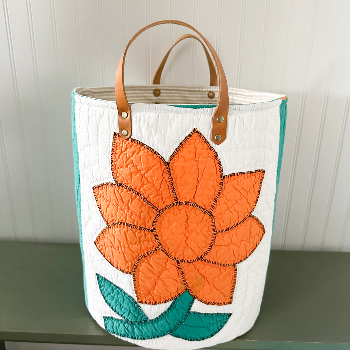 Vintage Orange Sunflower Applique Basket with Leather Handles
