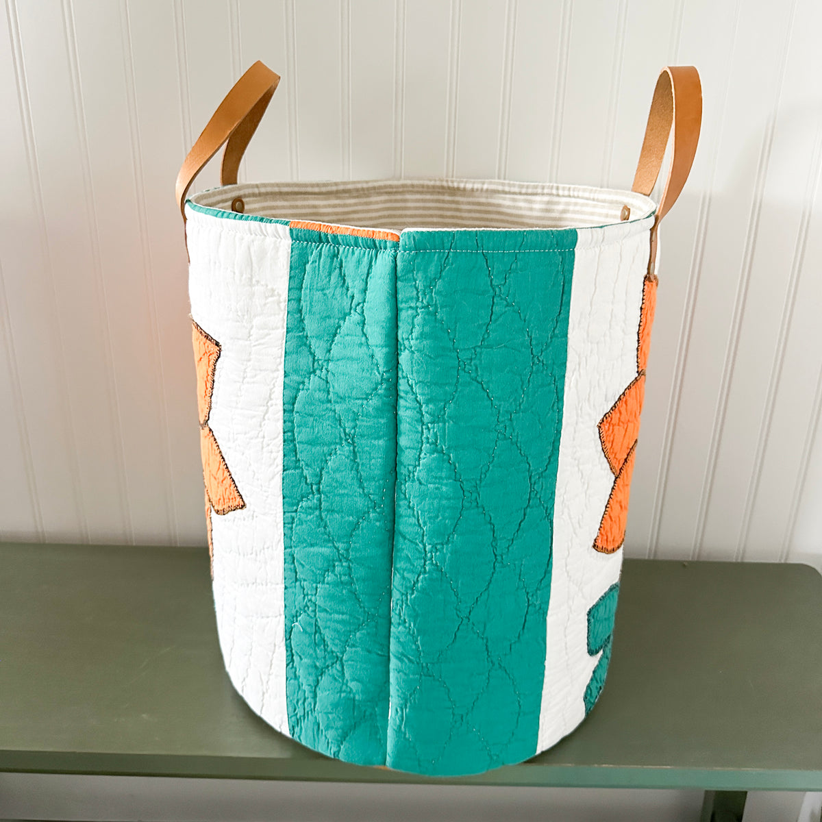 Vintage Orange Sunflower Applique Basket with Leather Handles