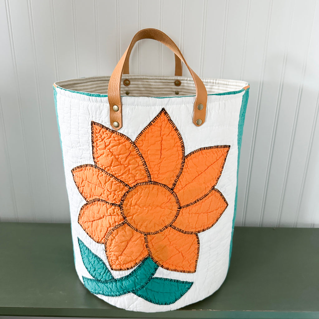Vintage Orange Sunflower Applique Basket with Leather Handles