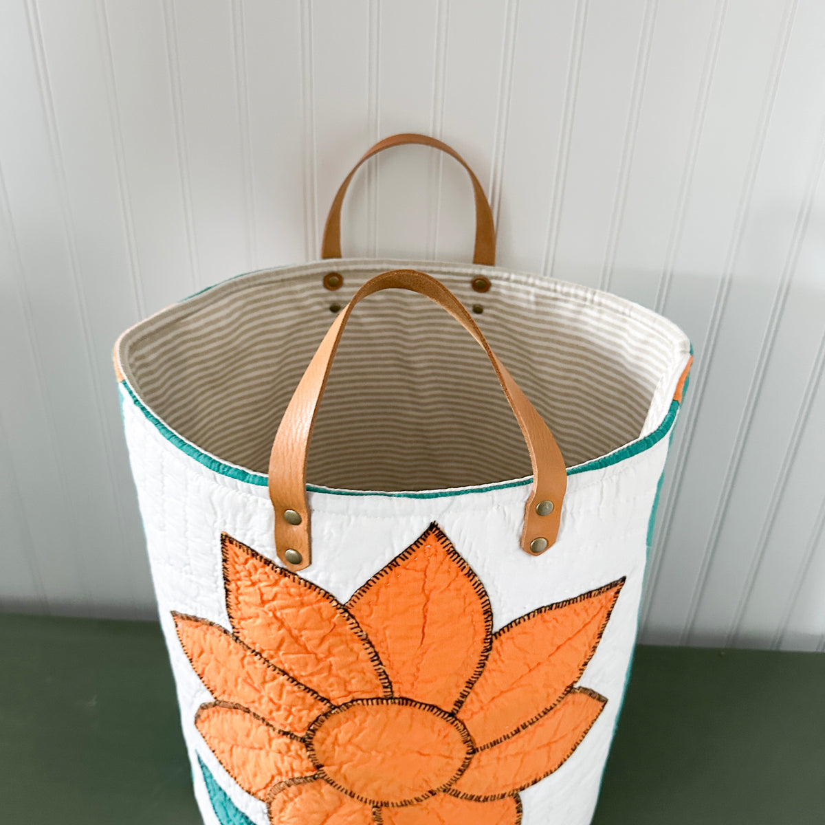 Vintage Orange Sunflower Applique Basket with Leather Handles