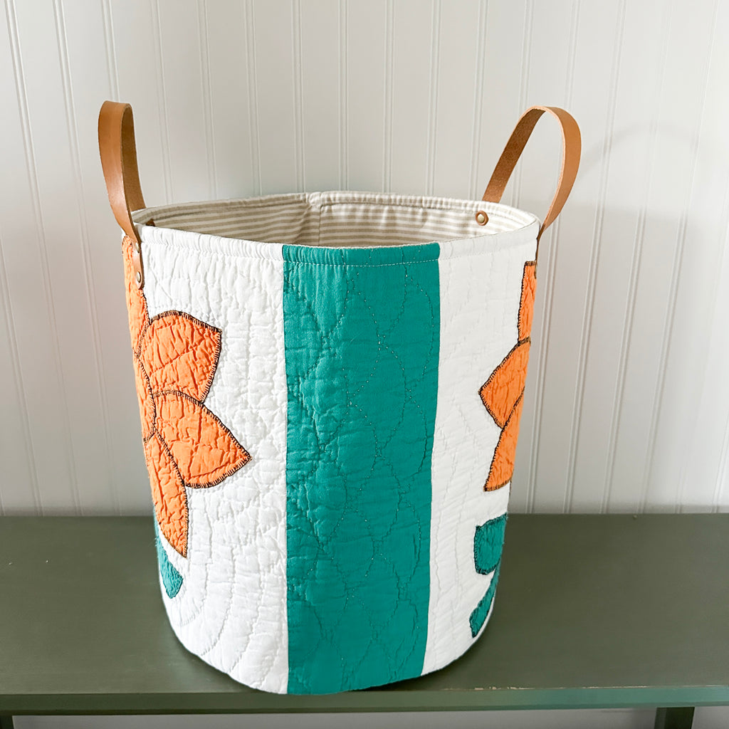 Vintage Orange Sunflower Applique Basket with Leather Handles
