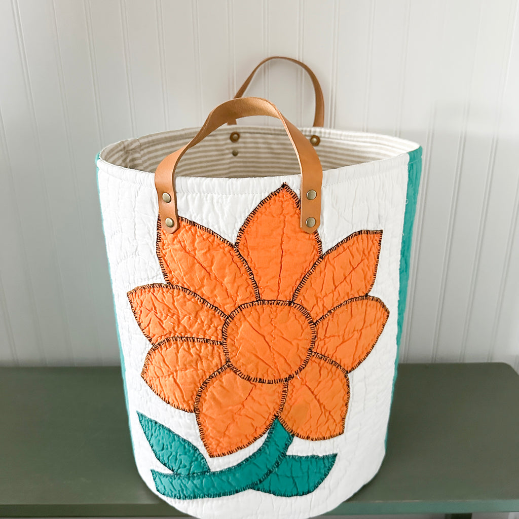 Vintage Orange Sunflower Applique Basket with Leather Handles