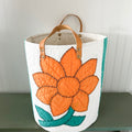 Vintage Orange Sunflower Applique Basket with Leather Handles