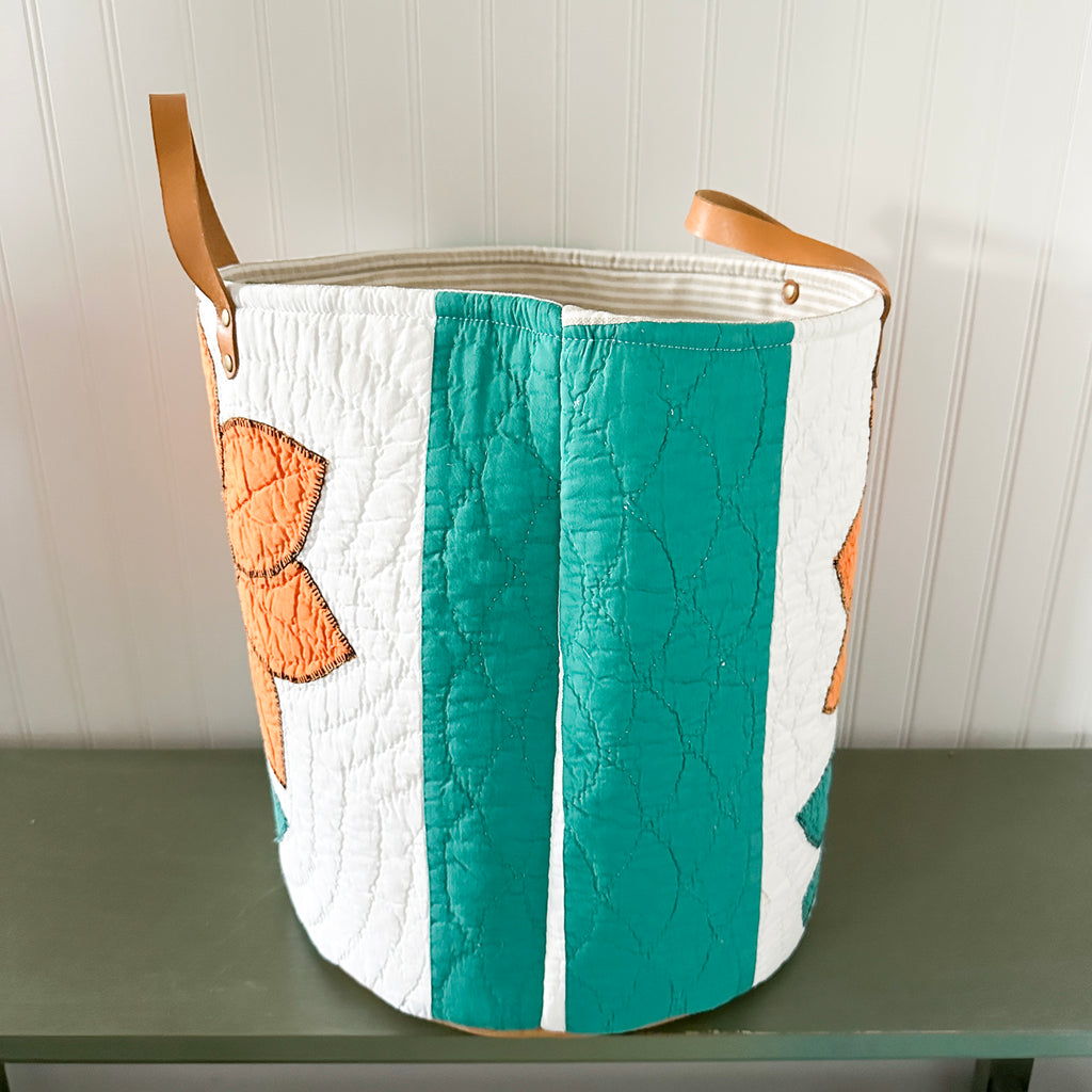 Vintage Orange Sunflower Applique Basket with Leather Handles