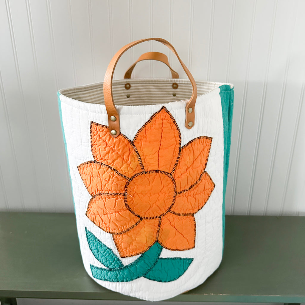Vintage Orange Sunflower Applique Basket with Leather Handles