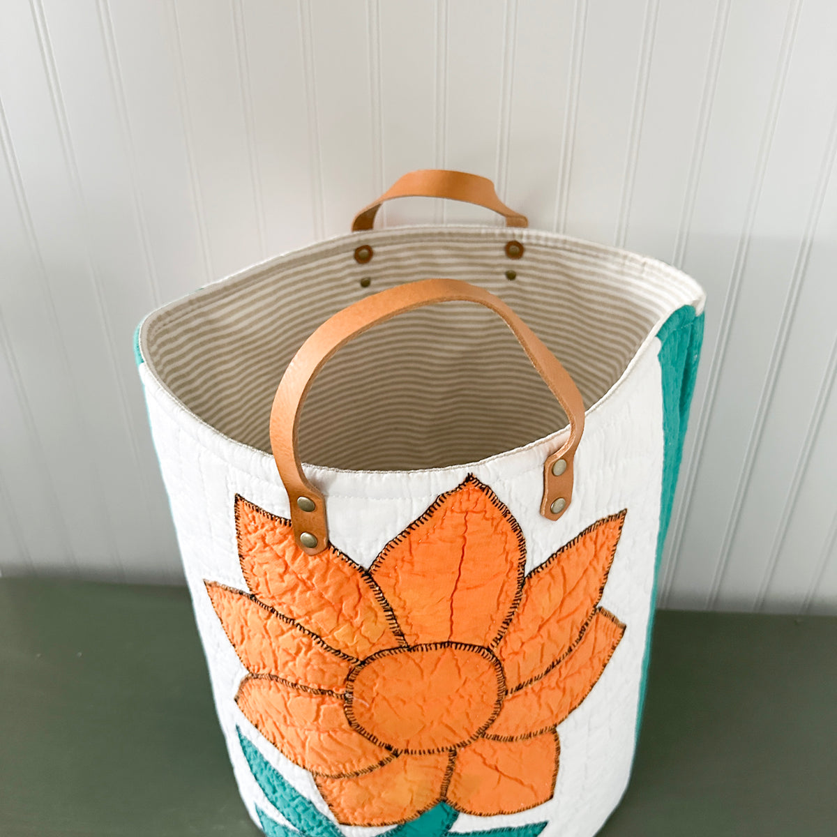 Vintage Orange Sunflower Applique Basket with Leather Handles