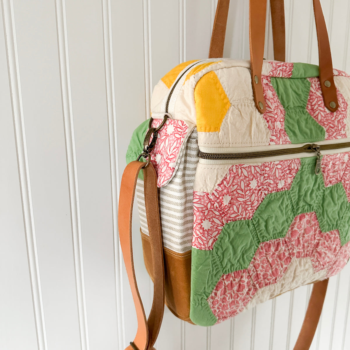 Sunday School Teachers Bag Vintage Grandmothers Garden Quilt with Leather Handles and Crossbody Strap