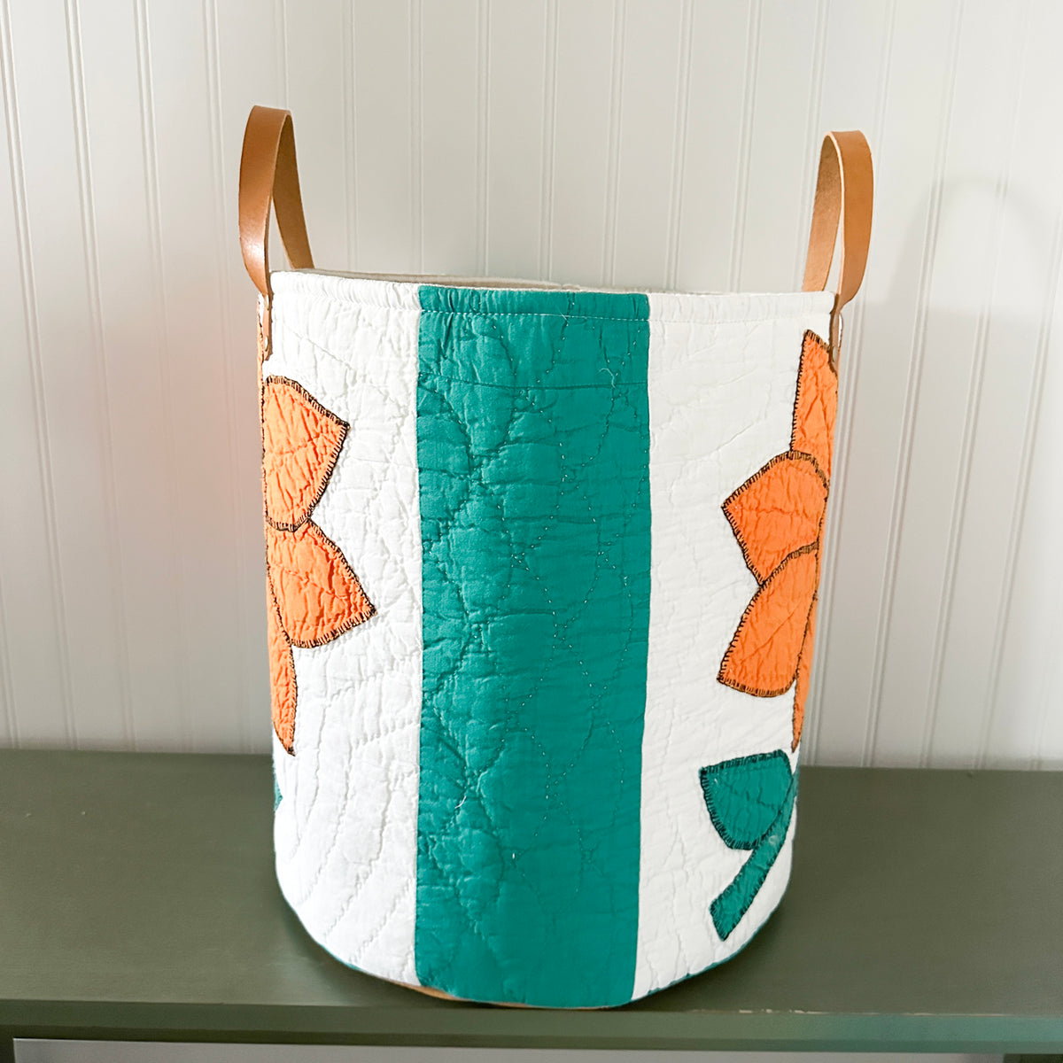 Vintage Orange Sunflower Applique Basket with Leather Handles