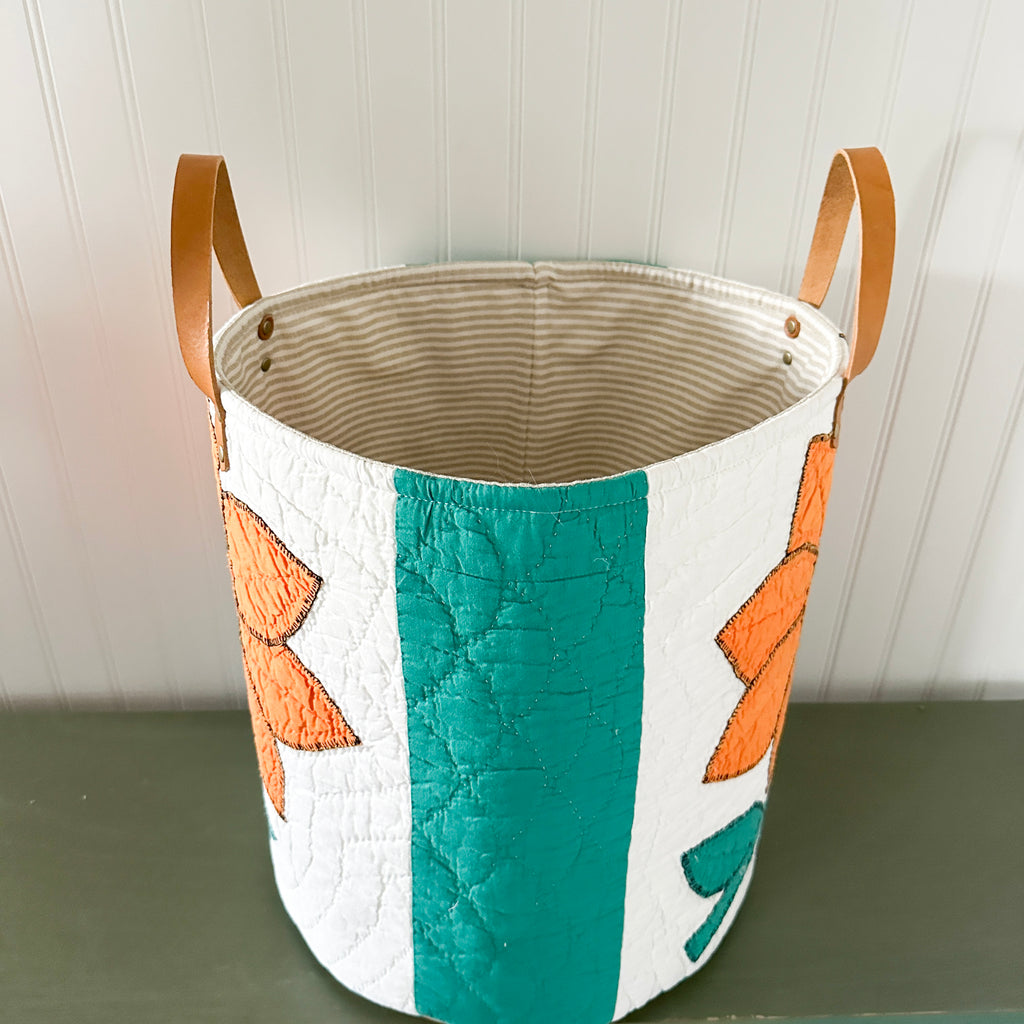 Vintage Orange Sunflower Applique Basket with Leather Handles