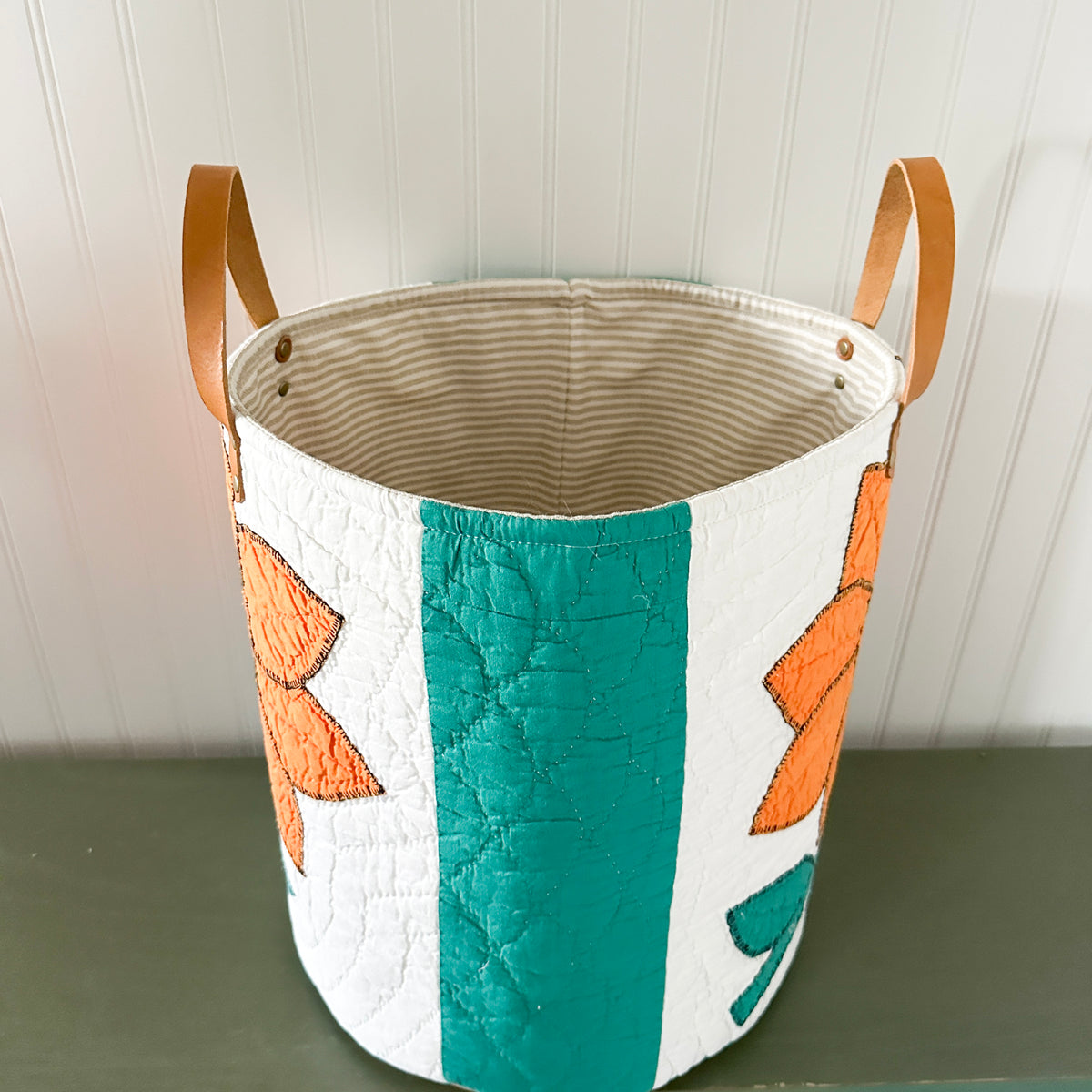 Vintage Orange Sunflower Applique Basket with Leather Handles