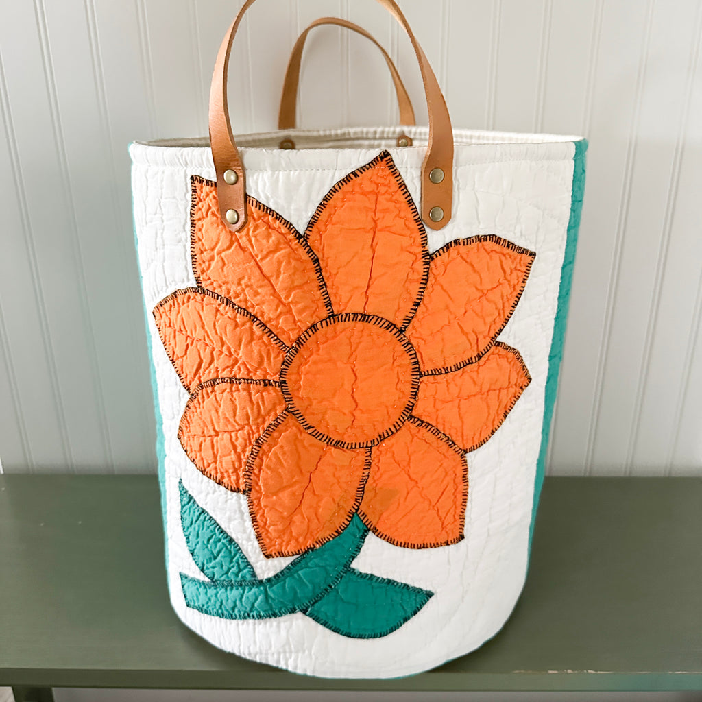 Vintage Orange Sunflower Applique Basket with Leather Handles