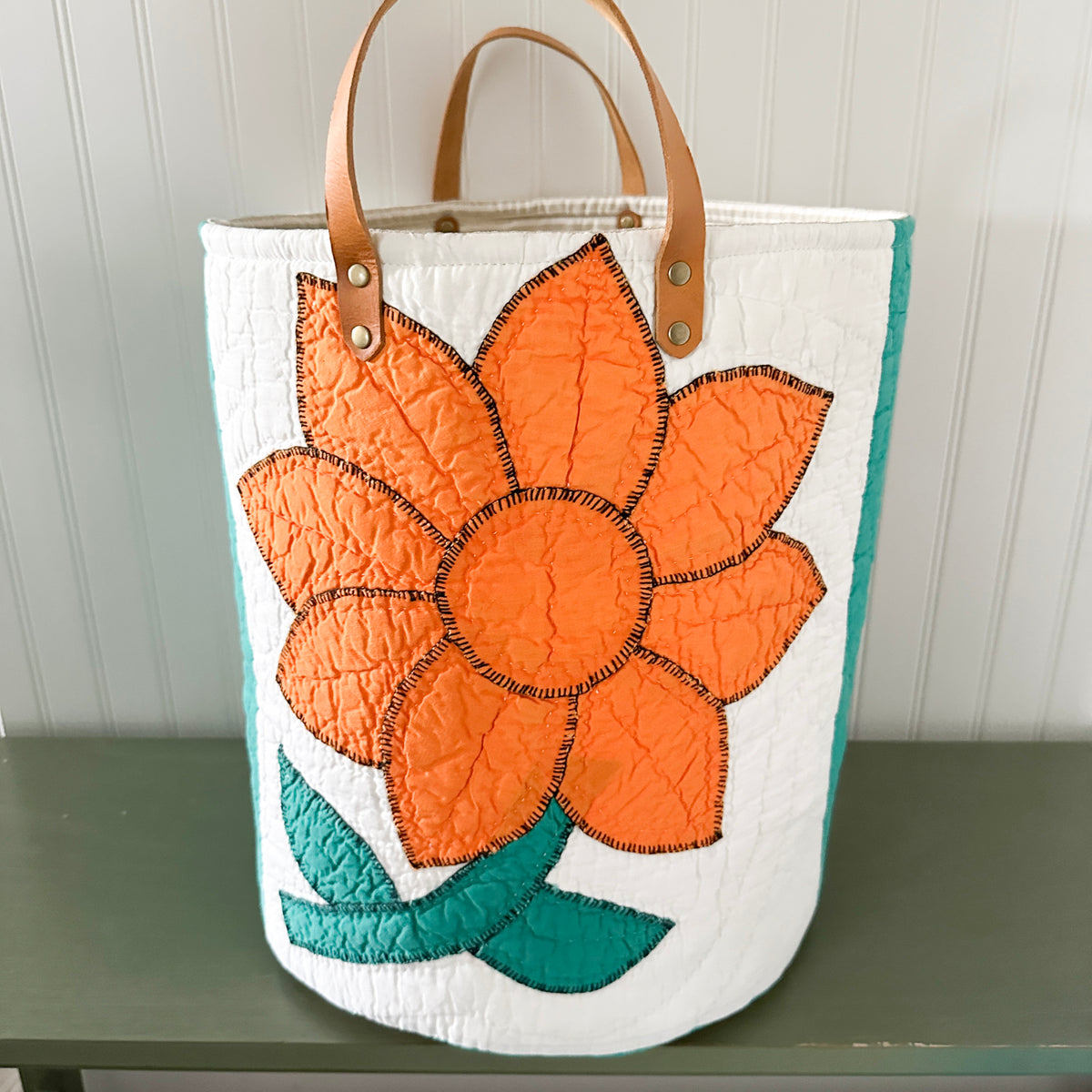 Vintage Orange Sunflower Applique Basket with Leather Handles